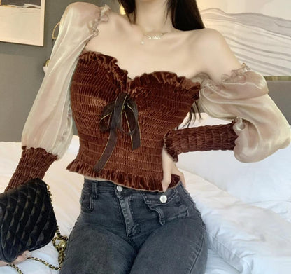 lovevop New Women Spring Fashion Streetwear Off Shoulder Puff Sleeve Velvet Patchwork Blouse Blusas Office Lady Sexy Shirt Tops