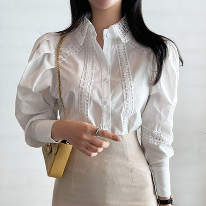 lovevop Early Autumn New Blouse Female Korean Lapel Hollow Lace Stitching Striped Blusa Loose Single-breasted Puff Sleeve Shirt DK1238