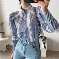 lovevop Early Autumn New Blouse Female Korean Lapel Hollow Lace Stitching Striped Blusa Loose Single-breasted Puff Sleeve Shirt DK1238