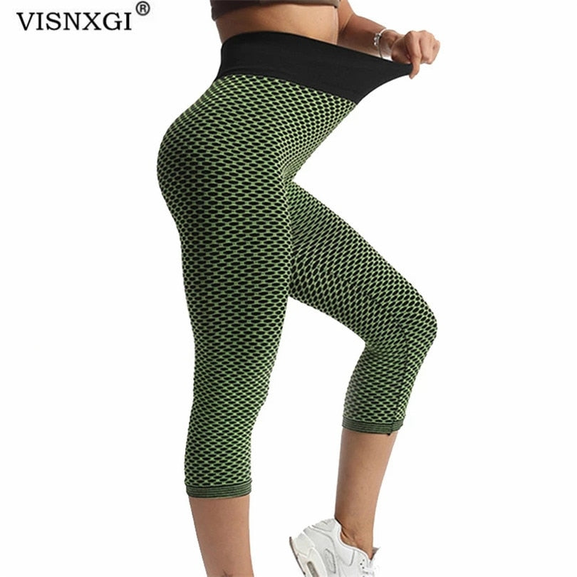 VISNXGI Grid Tight Yoga Pants Women Seamless High Waist Leggings Breathable Gym Fitness Push Up Clothing Workout Capris Mid-Calf