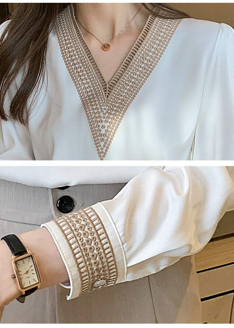 lovevop Long Sleeve White Blouse Tops Blouse Women Blusas Mujer De Moda  Embroidery V-Neck Chiffon Blouse Shirt Women Blouses E226