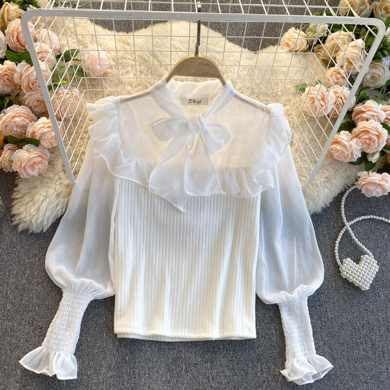 lovevop Spring Autumn New Temperament Fashion Blouse Women Sweet Fungus Chiffon Lantern Sleeve Stitching Slim Short Shirt UK977