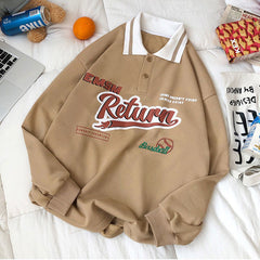 lovevop Oversized Hoodies Polo Collar Letter Printed Sweatshirt Womens Street Autumn  New Lapel Loose All-match Blouse Clothes