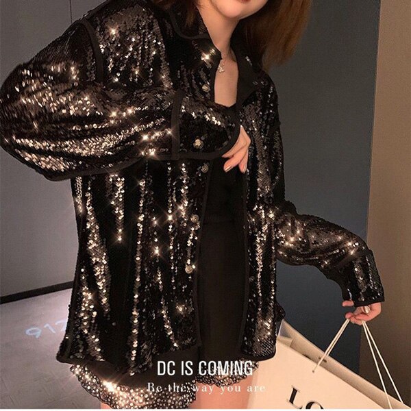 lovevop Shiny party Shirt Sequins Blouse Long Sleeve Glitter Cardigan Single-breasted Femme oversize loose Bluses Blusas Buttons Tops