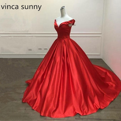 Lovevop  Elegant Simple Red Prom Dresses V Neck Ball Gowns Cap Sleeve Satin vestidos de formatura Backless Reflective Dress