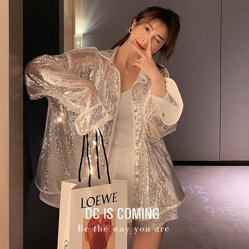 lovevop Shiny party Shirt Sequins Blouse Long Sleeve Glitter Cardigan Single-breasted Femme oversize loose Bluses Blusas Buttons Tops