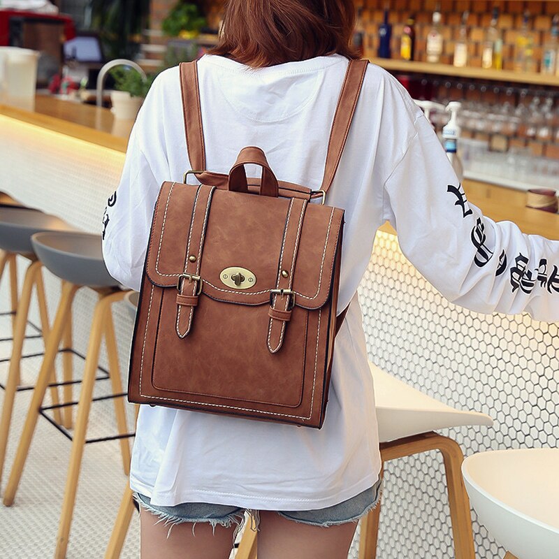 maoxiangshop - Fashion Women Leather Backpack Pu Cool Urban Preppy Style School Bag Backpacks For Teenage Girls Vintage Feminina Shoulder Bags