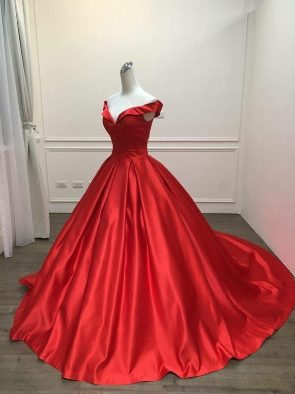 Lovevop  Elegant Simple Red Prom Dresses V Neck Ball Gowns Cap Sleeve Satin vestidos de formatura Backless Reflective Dress