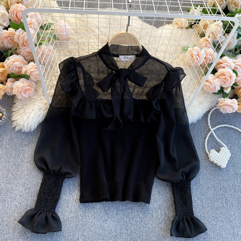 lovevop Spring Autumn New Temperament Fashion Blouse Women Sweet Fungus Chiffon Lantern Sleeve Stitching Slim Short Shirt UK977