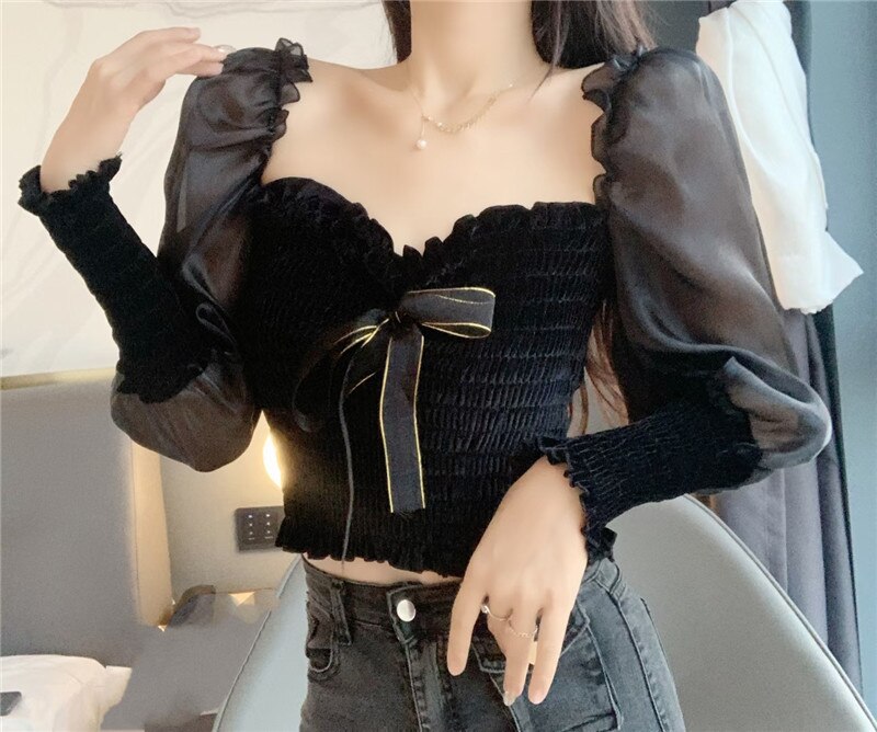 lovevop New Women Spring Fashion Streetwear Off Shoulder Puff Sleeve Velvet Patchwork Blouse Blusas Office Lady Sexy Shirt Tops