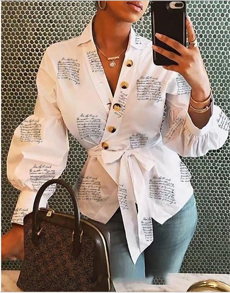 lovevop Blouse V Neck Lantern Long Sleeve with Sashes Button Print Shirt for Women Spring Summer Bluas Female Tops Elegant Office Casual