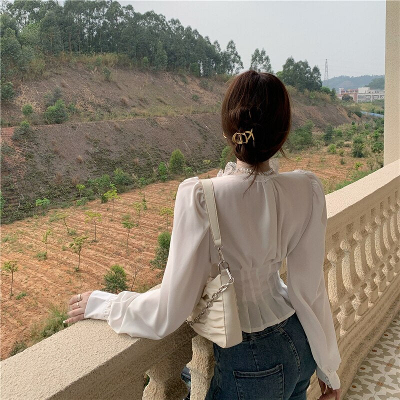 lovevop Summer Slim Elegant Chiffon Blouse Women Lace Korean Fashion Chic Casual Sexy Shirt V-neck White French Office Lady Blouse