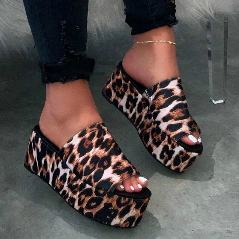 lovevop   High-heeled Women Flatform Slippers Summer New   Leopard Print Thick with Slides Women Large Size Shoes Woman Wedges Slipper 0823