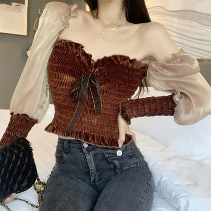 lovevop New Women Spring Fashion Streetwear Off Shoulder Puff Sleeve Velvet Patchwork Blouse Blusas Office Lady Sexy Shirt Tops