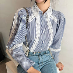 lovevop Early Autumn New Blouse Female Korean Lapel Hollow Lace Stitching Striped Blusa Loose Single-breasted Puff Sleeve Shirt DK1238