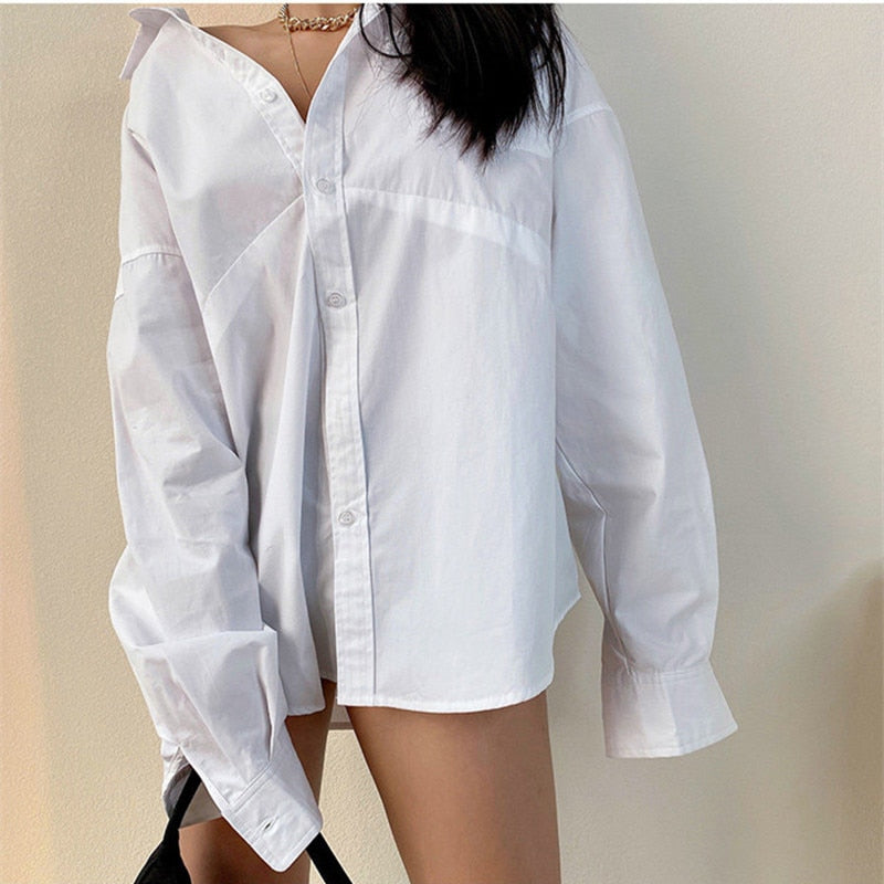 lovevop Casual White Blouse Women Long Sleeve Fashion Collar Sexy Boyfriend Style Oversized Shirt Female Pocket Female Autumn Ladies Top