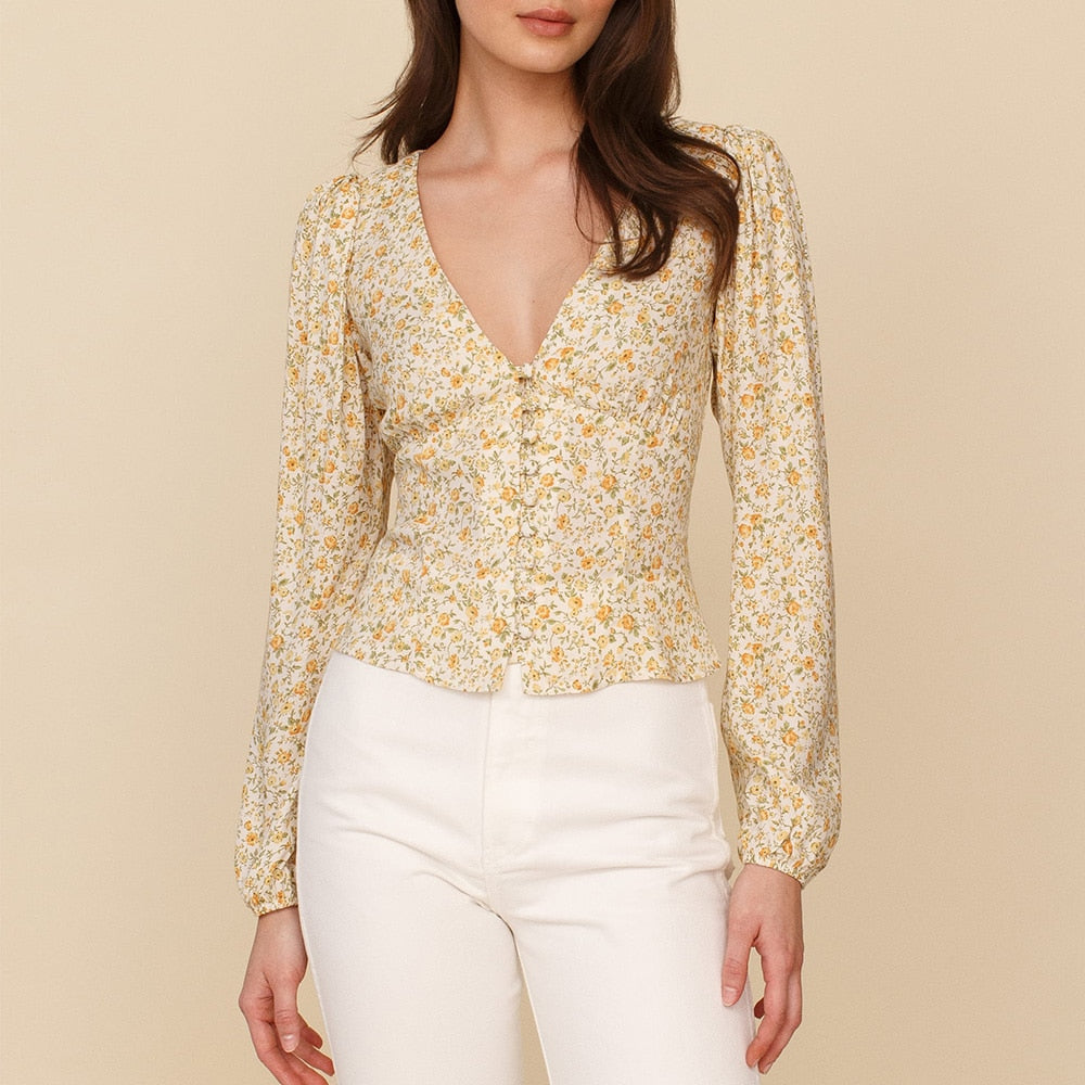 lovevop Lizakosht Tops Women Fashion Women Clothing Elegant Vintage Floral Print Chiffon Blouse Shirt Front Buttoned V Neck Long Sleeve Top