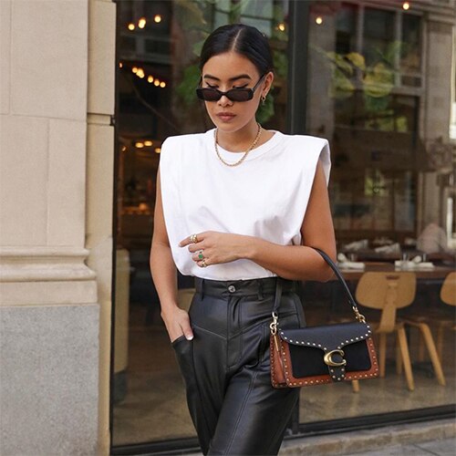 lovevop Summer Sleeveless Top Female O Neck White Women Blouse Padded Shoulder Tshirt Loose solid Chic Casual Blouses Muscle Tee Tanks