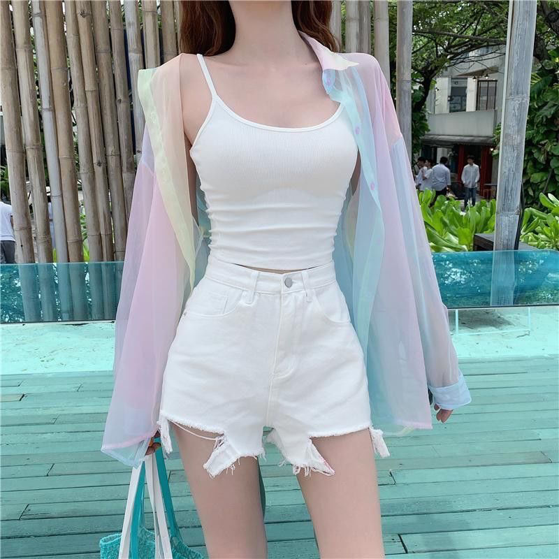 lovevop Summer Transparent Blouse Y2k Korean Fashion Beach Shirt Girls Aesthetic Long Sleeve Cardigan Rainbow Womens Sheer Top