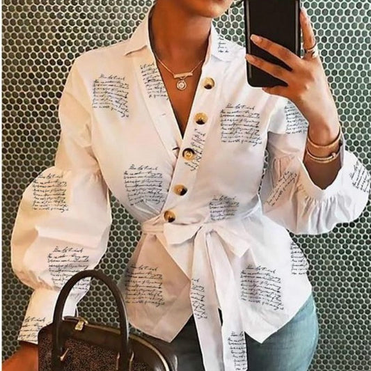 lovevop Blouse V Neck Lantern Long Sleeve with Sashes Button Print Shirt for Women Spring Summer Bluas Female Tops Elegant Office Casual