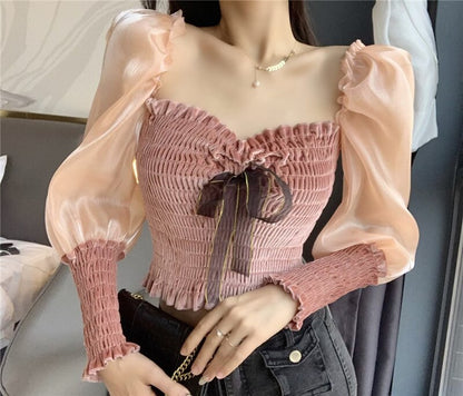 lovevop New Women Spring Fashion Streetwear Off Shoulder Puff Sleeve Velvet Patchwork Blouse Blusas Office Lady Sexy Shirt Tops