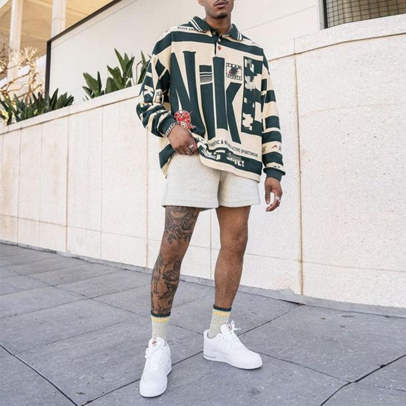 Men's Printed Long-sleeve Pullover - Loose Fit, Retro Hip-hop Streetwear