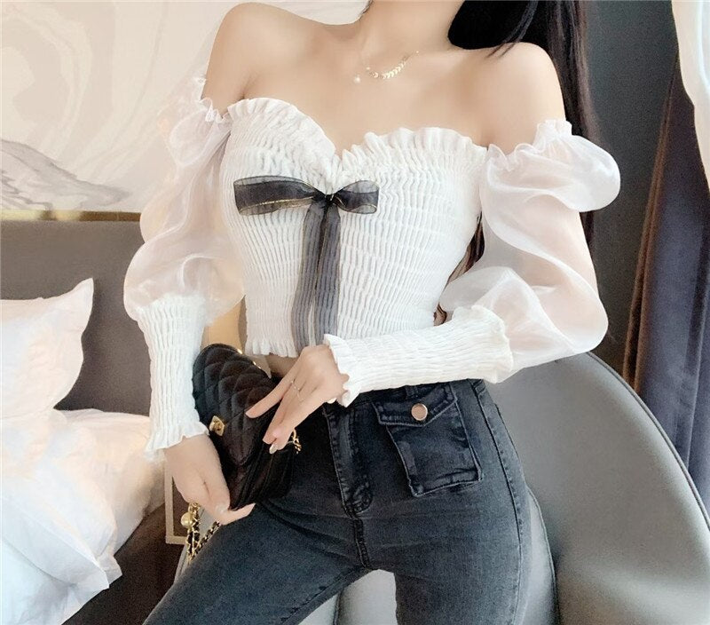 lovevop New Women Spring Fashion Streetwear Off Shoulder Puff Sleeve Velvet Patchwork Blouse Blusas Office Lady Sexy Shirt Tops