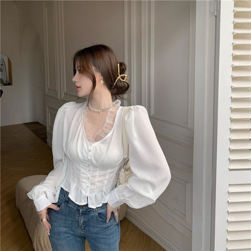 lovevop Summer Slim Elegant Chiffon Blouse Women Lace Korean Fashion Chic Casual Sexy Shirt V-neck White French Office Lady Blouse