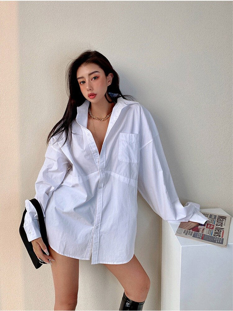 lovevop Casual White Blouse Women Long Sleeve Fashion Collar Sexy Boyfriend Style Oversized Shirt Female Pocket Female Autumn Ladies Top