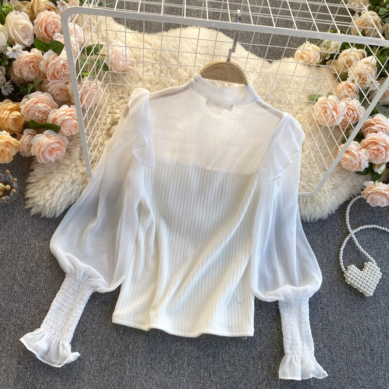 lovevop Spring Autumn New Temperament Fashion Blouse Women Sweet Fungus Chiffon Lantern Sleeve Stitching Slim Short Shirt UK977