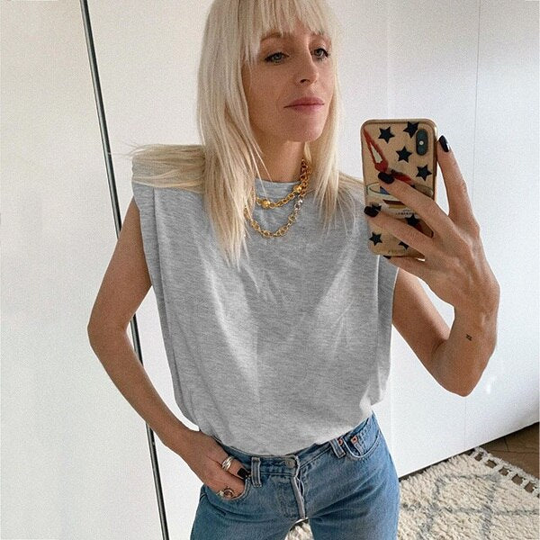 lovevop Summer Sleeveless Top Female O Neck White Women Blouse Padded Shoulder Tshirt Loose solid Chic Casual Blouses Muscle Tee Tanks