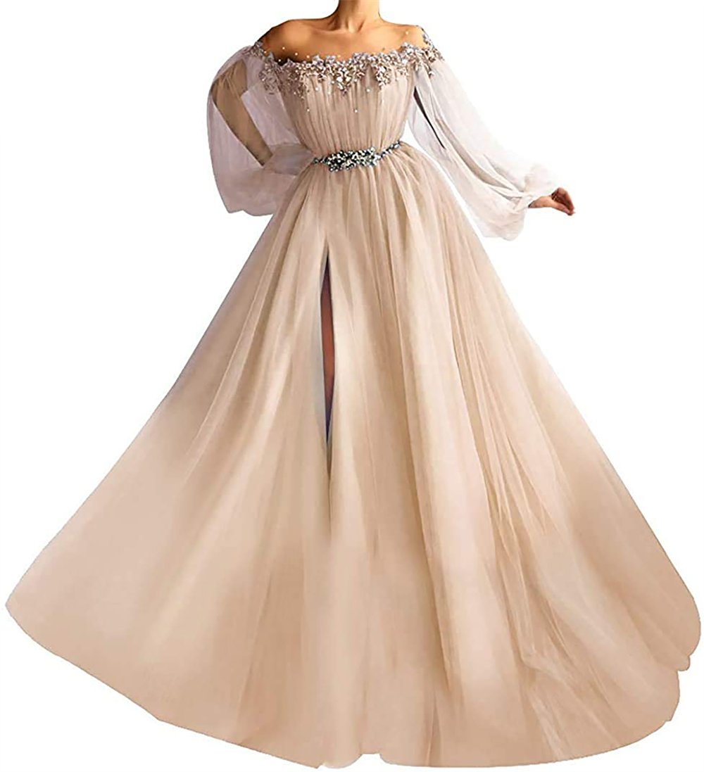 Lovevop Sexy Slit Chiffon Long Evening Dresses 2024 Women Formal Gowns Lantern Sleeves Prom Gowns For Party Flowers Vestidos De Fiesta