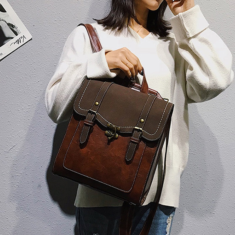 maoxiangshop - Fashion School Bag College Girl Backpack Shoulder Bags Vintage Pu Leather Women Backpack Preppy Style Backpacks