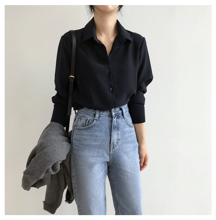 lovevop Lizakosht Summer New Arrival Women Solid Black Chiffon Blouse Long Sleeve Casual Shirt Women's Korean BF Style Chic Tops Feminina Blusa T0