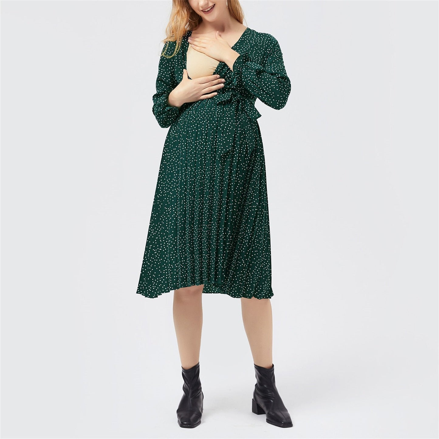 Lovevop Nursing Polka Dot Long-Sleeve Belted Dress