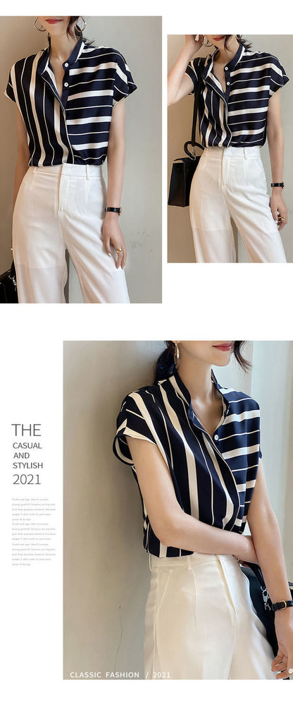 lovevop Lizakosht Summer Women Casual Striped Shirt Office Lady Short Sleeve Fashion Chiffon Shirt Top Female Blouse