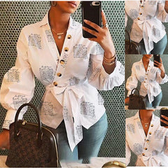 lovevop Blouse V Neck Lantern Long Sleeve with Sashes Button Print Shirt for Women Spring Summer Bluas Female Tops Elegant Office Casual