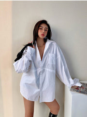 lovevop Casual White Blouse Women Long Sleeve Fashion Collar Sexy Boyfriend Style Oversized Shirt Female Pocket Female Autumn Ladies Top