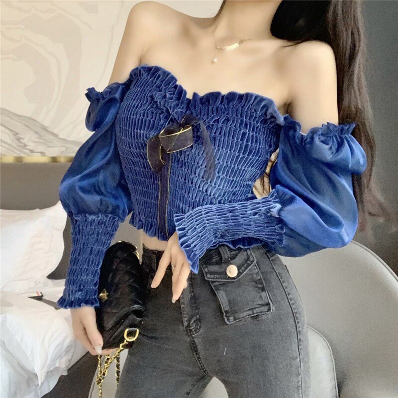 lovevop New Women Spring Fashion Streetwear Off Shoulder Puff Sleeve Velvet Patchwork Blouse Blusas Office Lady Sexy Shirt Tops