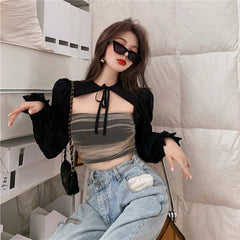 lovevop y2k Black Blouse Shirt Women's Autumn Puff Sleeve Slim-Fit Long-Sleeve Blouse Design Non-Mainstream Ultra-Short Top