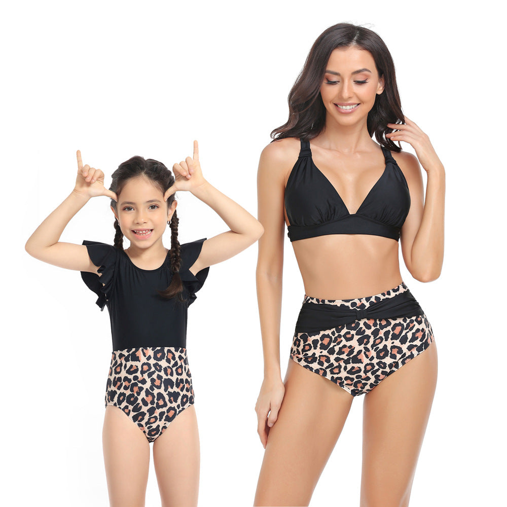 「🌼Summer Flash Sale - 50% Off」 - Solid Top & Floral High Waist Bottom Mommy and Me Swimsuit