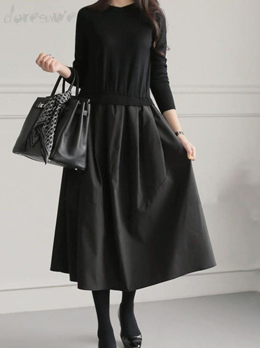 lovevop Knitting Split-joint Black Dress