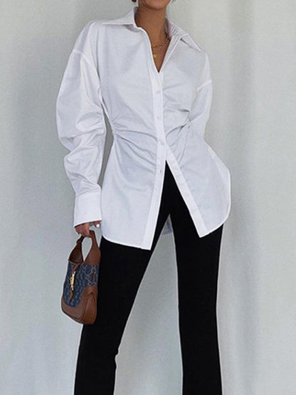 lovevop Simple Waist Lapel Ruffeld White Shirt