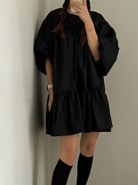 lovevop Simple Crew Neck Pleated Casual Balloon Sleeve Dress