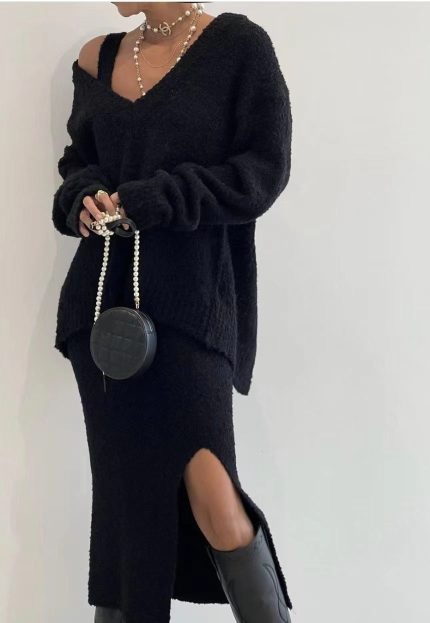 lovevop Cozy V-neck Back Slit Sweater&Camisole 2 Pieces Suit