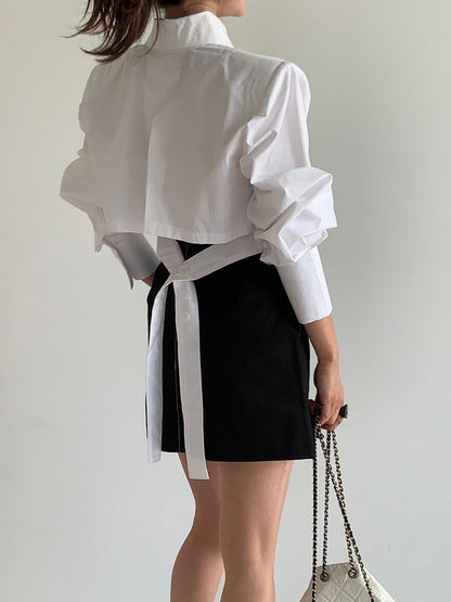 lovevop Cutout Back Tie Button Oversized Cropped Shirt