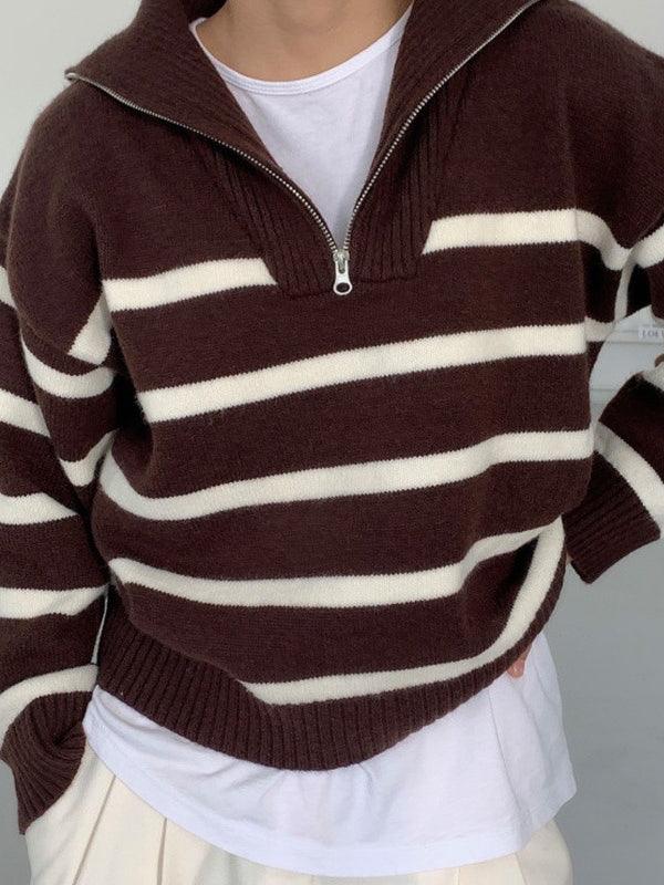 lovevop Lapel Zip Stripe Loose Long Sleeve Pullover Knit Sweater