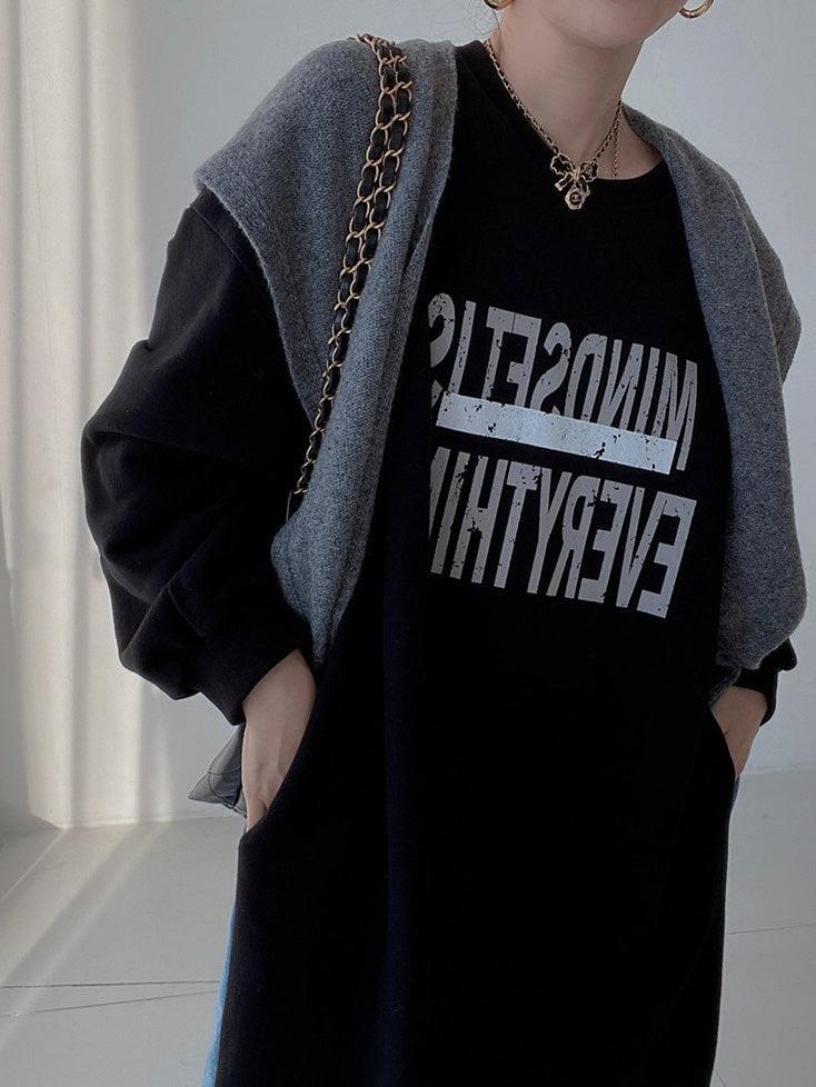 lovevop Simple Letter Print Denim Splt-joint Long Sleeve Sweatshirt Dress