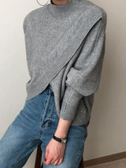 lovevop Half Turtleneck Cross Irregular Loose Pullover Sweater