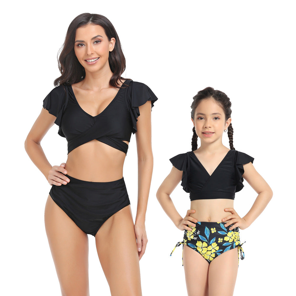 Ruffled Deep V Top & Floral Bottom Mommy and Me Swimsuit